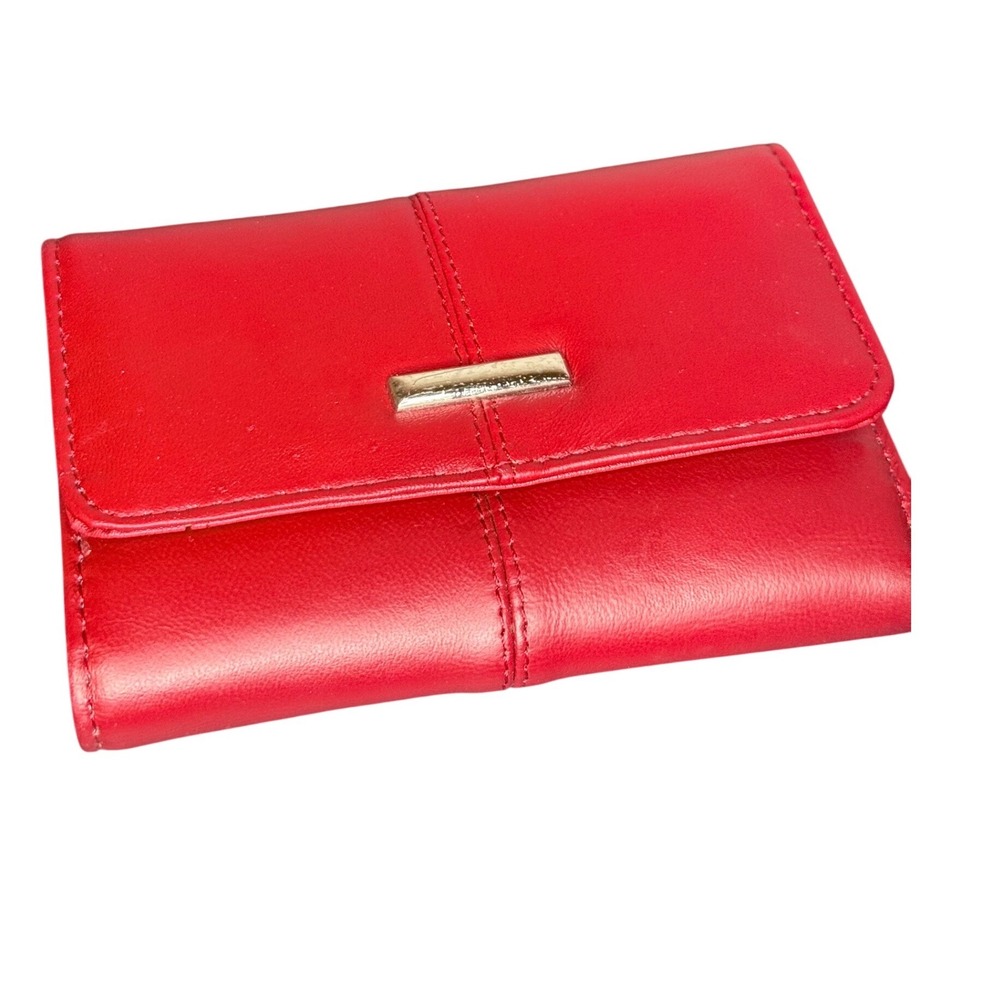 Red Genuine Leather‎ Trifold Wallet Gold Hardware ID Window Card Slots Womens